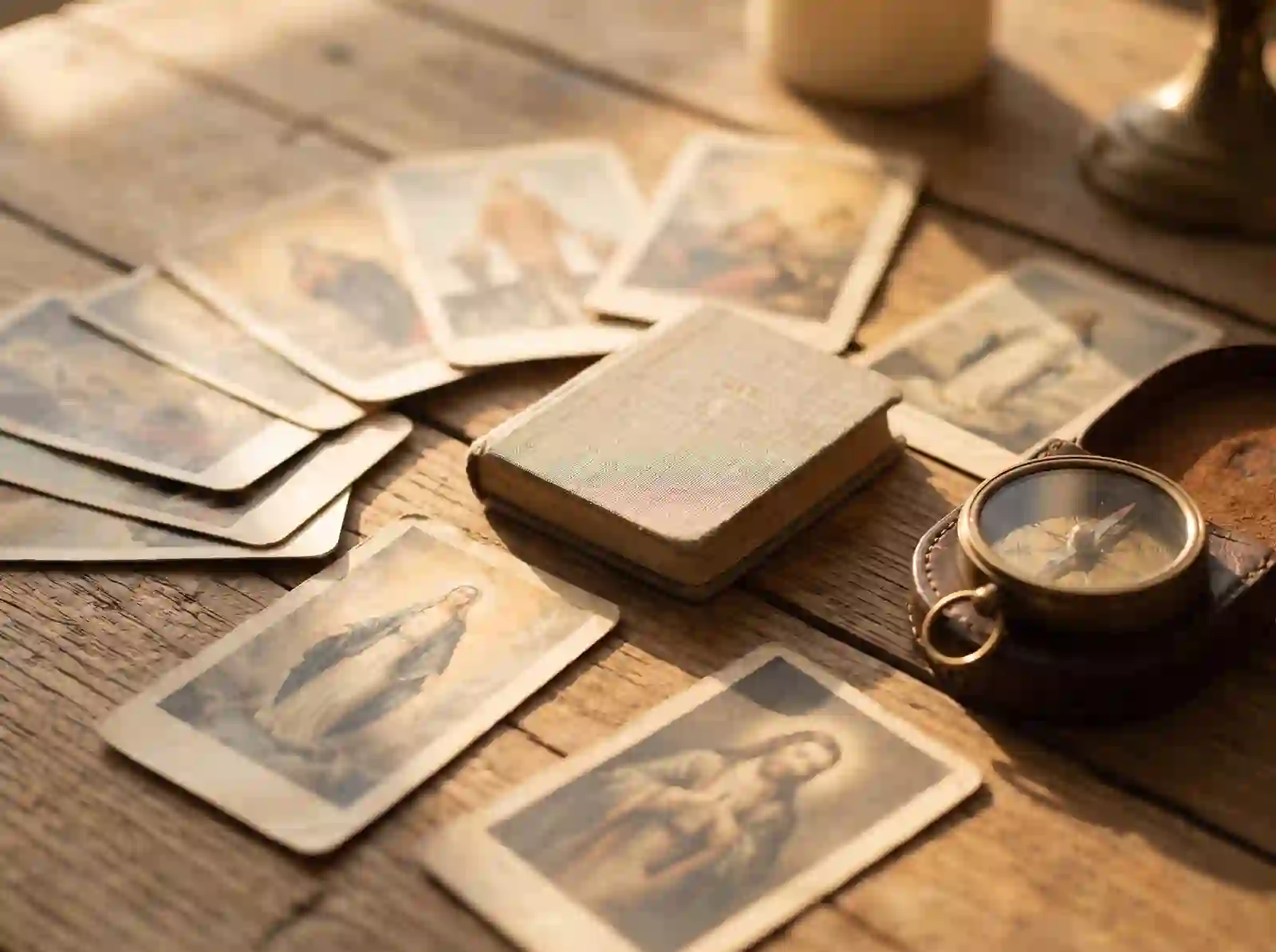 Devotional cards, a small prayer book, and a compass arranged on a wooden table